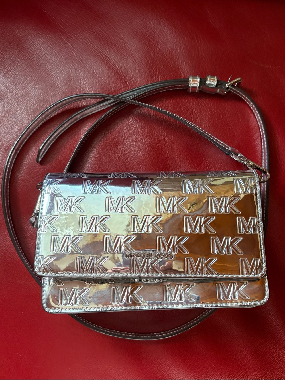 Michael Kors Silver Metallic MK Jet Set Small Phone Crossbody Bag